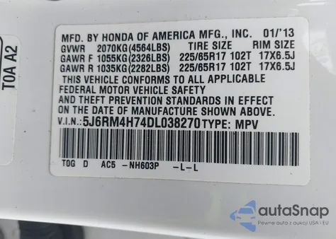 2013 Honda Cr-V Ex-L z USA, uszkodzony, nr VIN 5J6RM4H74DL038270